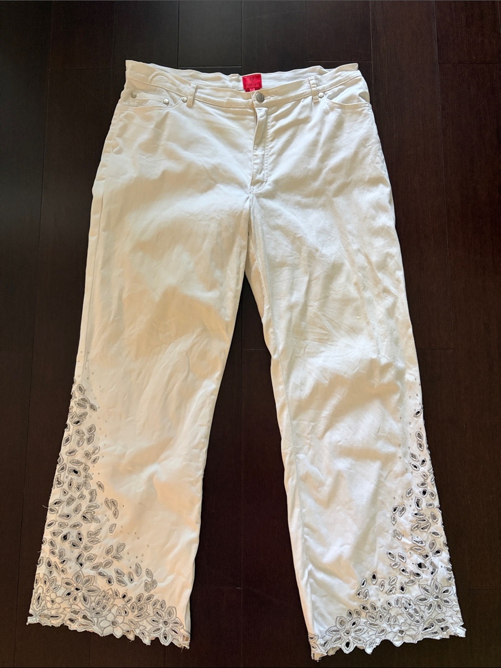 White Wide-Leg Embroidered Hem Pants